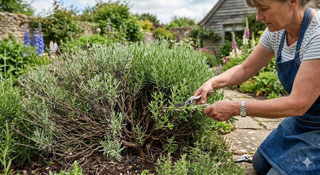 Gardener using sharp bypass pruners trimming a lavender bush, cutting green stems while avoiding woody base, visible fresh new shoots emerging, before-and-after comparison of overgrown woody lavender vs neatly pruned plant, close-up detail, natural outdoor lighting, realistic textures