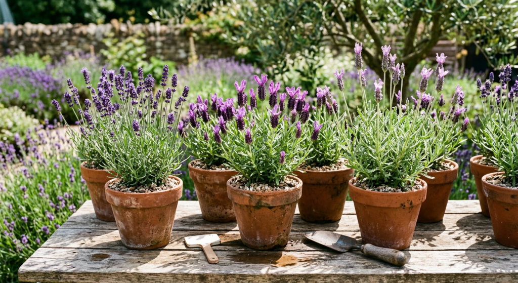 A high-resolution, close-up photo of various lavender varieties (English, Spanish, and French) sitting in rustic terracotta pots on a sunny wooden garden table, showing the different flower shapes and leaf textures.