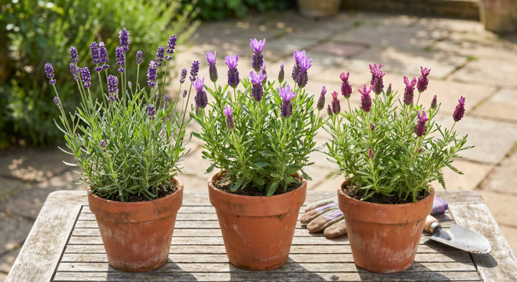 A high-resolution, close-up photo of various lavender varieties (English, Spanish, and French) sitting in rustic terracotta pots on a sunny wooden garden table, showing the different flower shapes and leaf textures.