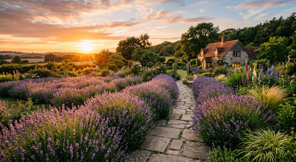 A wide-angle landscape shot of a backyard garden featuring a lavender-lined stone pathway. The sun is setting, casting a golden glow over the purple flowers, illustrating a perfect lavender garden design.
