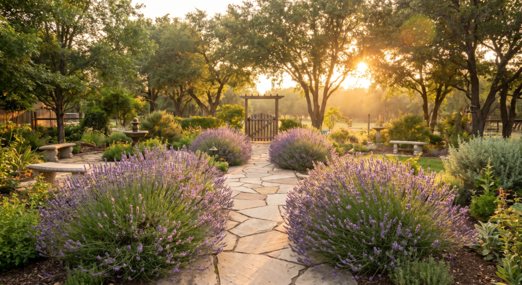 A wide-angle landscape shot of a backyard garden featuring a lavender-lined stone pathway. The sun is setting, casting a golden glow over the purple flowers, illustrating a perfect lavender garden design.