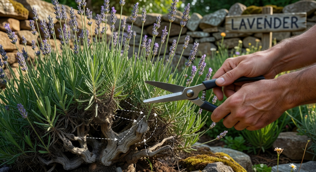 A step-by-step instructional graphic showing a pair of clean garden shears pruning a lavender bush, with clear lines indicating where to cut the green stems versus the woody base.
