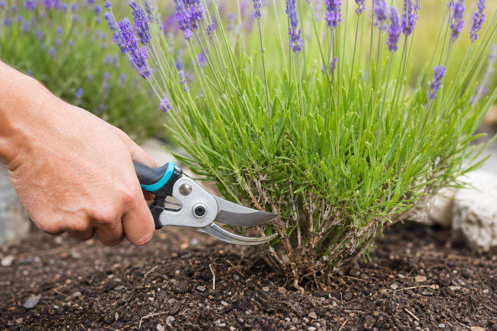 A step-by-step instructional graphic showing a pair of clean garden shears pruning a lavender bush, with clear lines indicating where to cut the green stems versus the woody base.