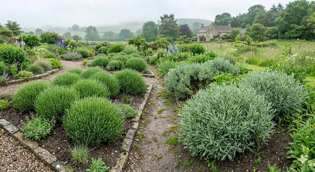 Multiple lavender varieties in different environments: one thriving in cool climate garden with ‘Munstead’ type, another in humid setting with airflow and ‘Phenomenal’ variety, light mist in background, labeled subtle variation in plant shapes and colors, wide-angle garden shot, natural lighting, high realism