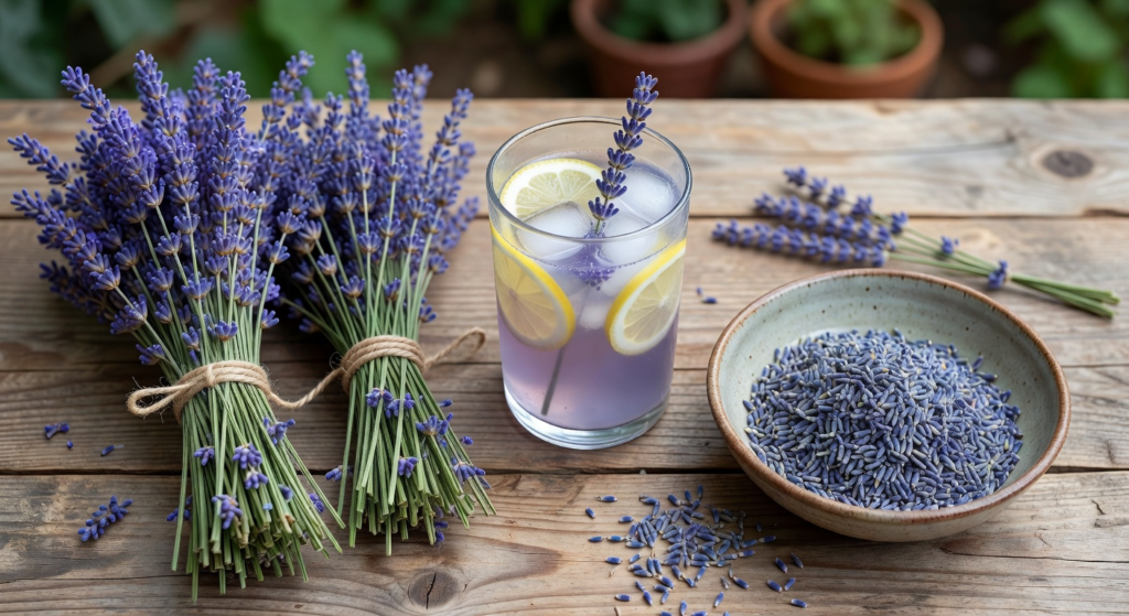 A flat-lay aesthetic photo of harvested lavender bundles tied with twine, sitting next to a glass of lavender lemonade and a bowl of dried buds, representing culinary use and drying.