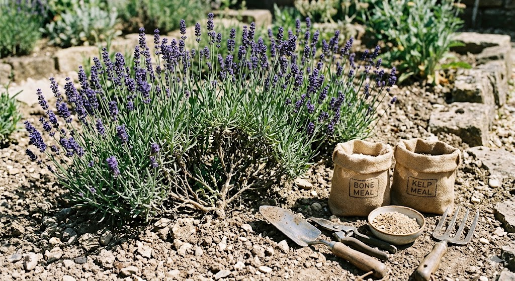 Close-up of healthy lavender plants (Lavandula) in full bloom with vibrant purple spikes, growing in dry, rocky soil under bright sunlight, small gardening tools and organic materials like bone meal and kelp meal placed nearby, natural outdoor garden setting, high detail, soft shadows, realistic texture