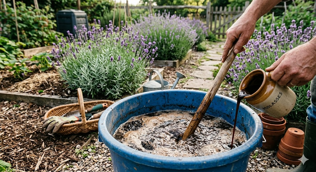 Step-by-step style scene showing a bucket filled with rainwater, worm castings, and molasses being mixed to create compost tea, wooden stick stirring the mixture, lavender plants in the background, organic gardening setup, soft natural lighting, highly detailed