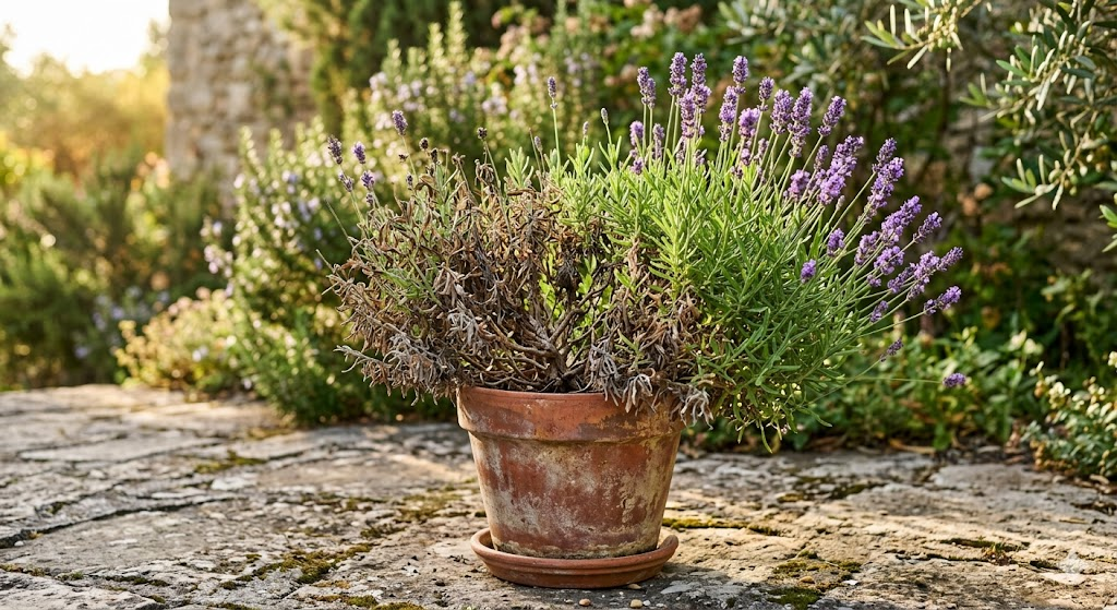 A high-resolution, close-up photo of a lavender plant in a terracotta pot sitting on a sunny stone patio. The plant shows healthy purple blooms on one side and some browning, dry leaves at the base to illustrate the contrast. Soft, morning golden-hour lighting.