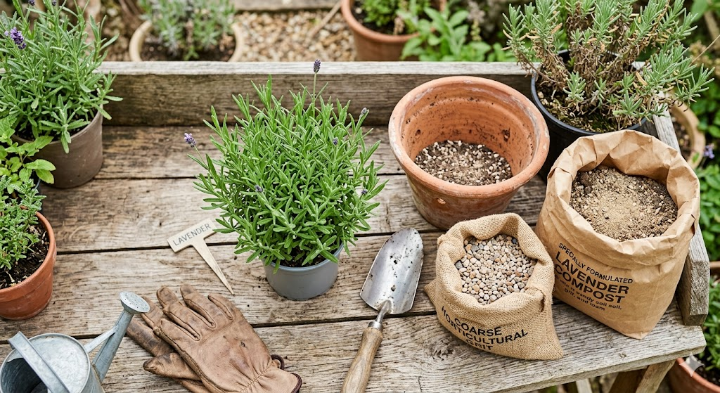A professional gardening "flat lay" showing a terracotta pot, a bag of coarse grit, a bag of sandy soil, and a healthy lavender starter plant. The lighting is bright and natural, suggesting a clean workspace.