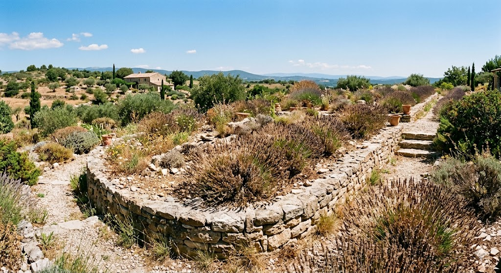 A wide-angle shot of a Mediterranean-style garden with lavender bushes planted in a rocky, raised bed. The sun is shining brightly, and the background shows a clear blue sky.