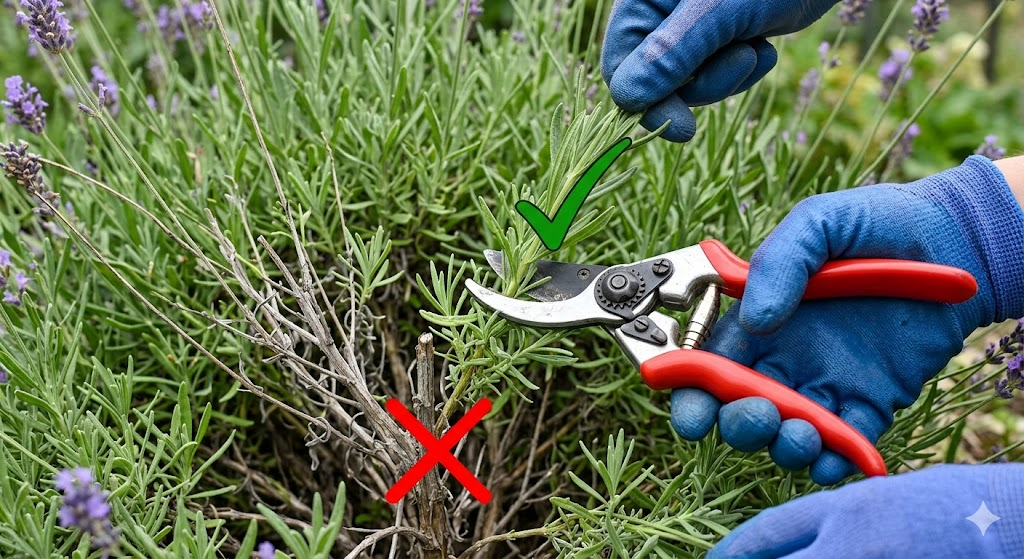 A close-up, educational photo showing a pair of sharp garden shears cutting a lavender stem. A clear red "X" is over the woody part of the stem, and a green checkmark is over the soft, leafy part of the stem to show where to cut.