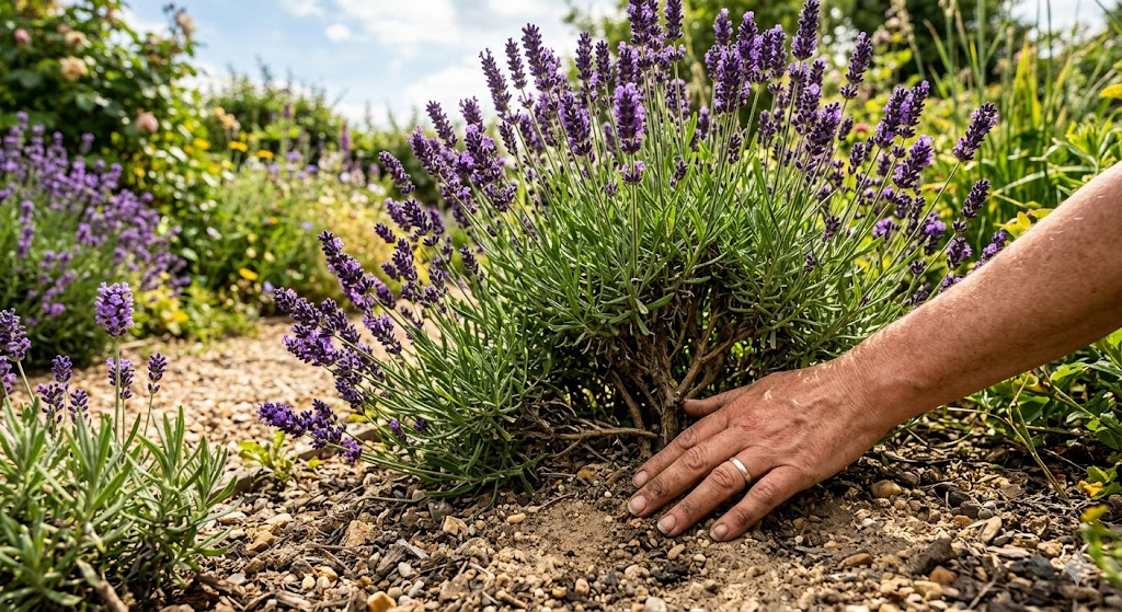 A close-up, high-quality photo of a person’s hand checking the dry, sandy soil at the base of a vibrant purple lavender bush in a sunny summer garden. Natural morning sunlight, 4k resolution.