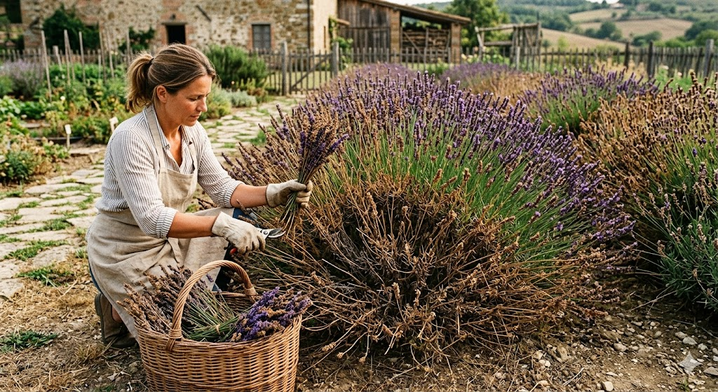 A beautiful, serene garden scene in late summer. A healthy, purple lavender bush is being harvested by a person wearing linen gloves, placing stems into a wicker basket. The vibe is "homesteading" and "success."