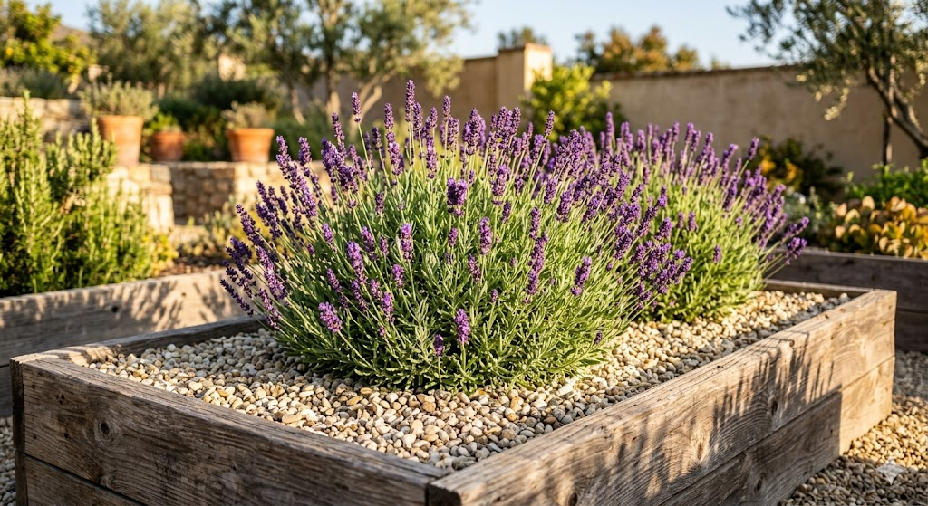 A high-resolution, close-up photograph of a healthy 'Phenomenal' lavender plant growing in a raised garden bed surrounded by light-colored pea gravel, with the golden afternoon sun casting long shadows.