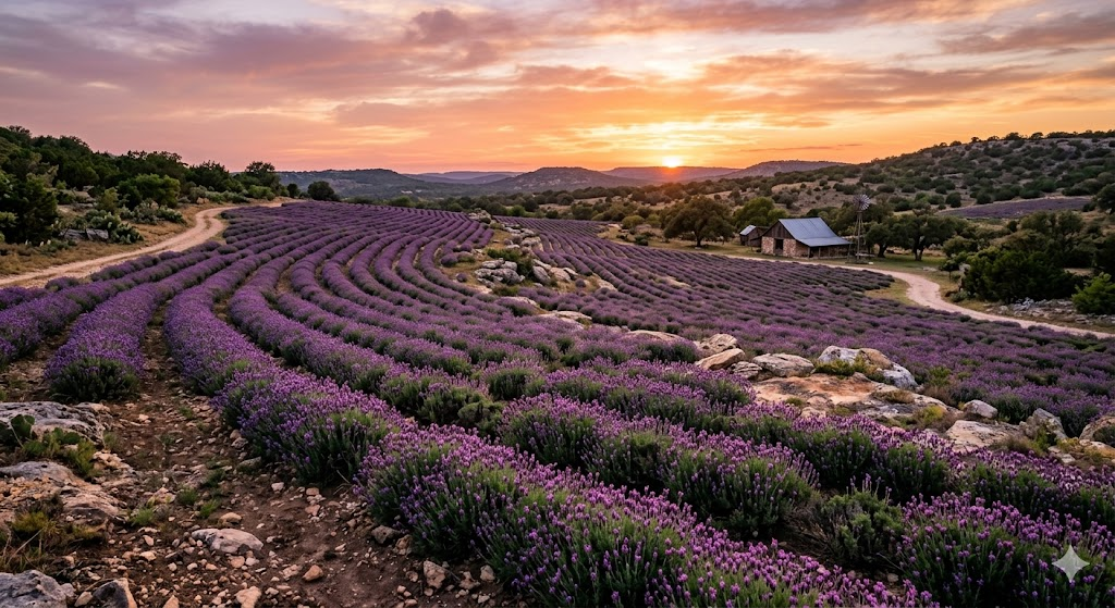 [Image Prompt: A wide-angle shot of a sprawling lavender farm in the Texas Hill Country during sunset, showing rows of French lavender punctuated by limestone rocks.