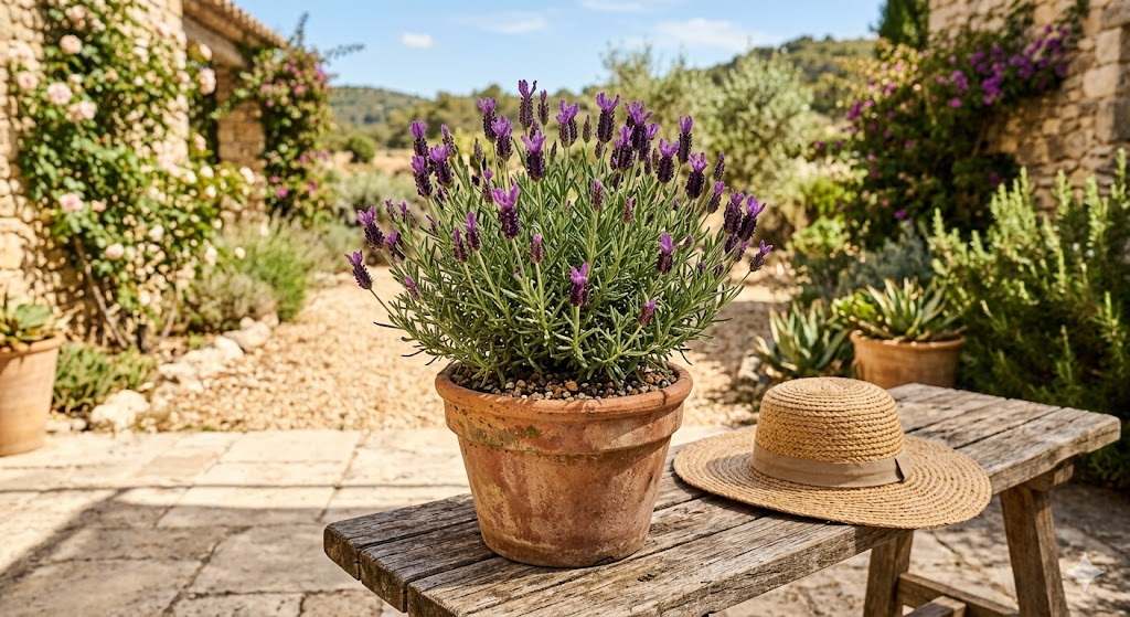 A close-up of a terracotta pot containing a lush lavender plant, sitting on a wooden bench with a wide-brimmed sun hat resting nearby.