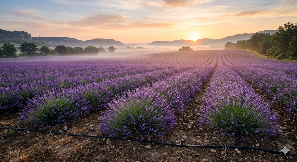 A wide-angle shot of a beautiful lavender field at sunrise. A gentle mist hangs over the purple rows, and a drip irrigation system is subtly visible at the base of the plants. Professional landscape photography.