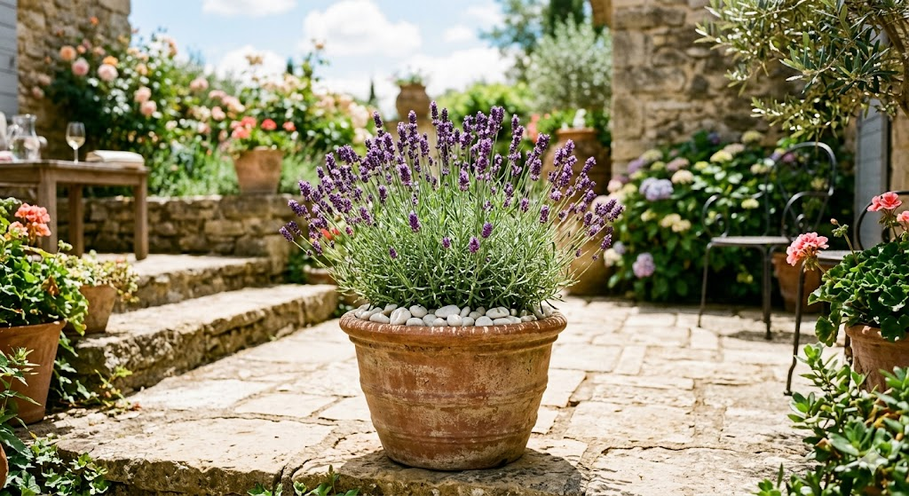 A stylish terracotta pot sitting on a sunny patio, filled with a blooming 'Munstead' lavender plant. Small white decorative pebbles cover the soil surface. Bright, airy summer vibes.