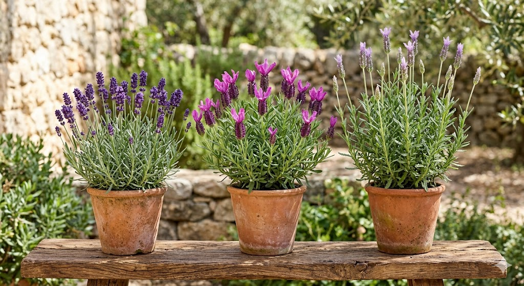 A side-by-side comparison of three lavender types: English, Spanish (with visible bracts), and French. Each is labeled in a clean, elegant font, set against a rustic wooden background.
