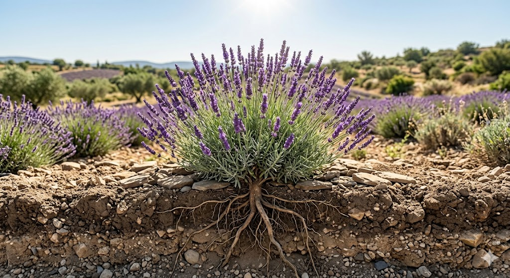 An infographic-style image showing a healthy lavender plant with deep roots. Icons represent "Morning Sun," "Well-Draining Soil," and "Low Water." The colors are vibrant purples and earthy greens.