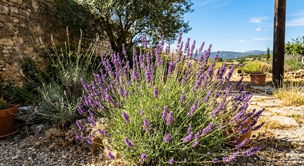 Realistic garden scene of a lavender plant growing in full bright sunlight, strong golden rays illuminating purple flower spikes, clear blue sky, Mediterranean-style garden, shadows showing direct overhead sun, healthy vibrant lavender contrasted with a shaded, leggy lavender plant in the background, high detail, natural colors, 4K, DSLR photography style