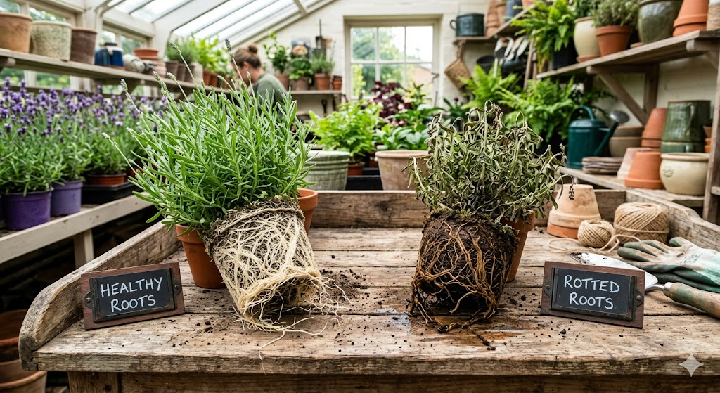 An infographic-style photo showing a side-by-side comparison of healthy white lavender roots versus dark, slimy rotted roots on a wooden gardening bench.