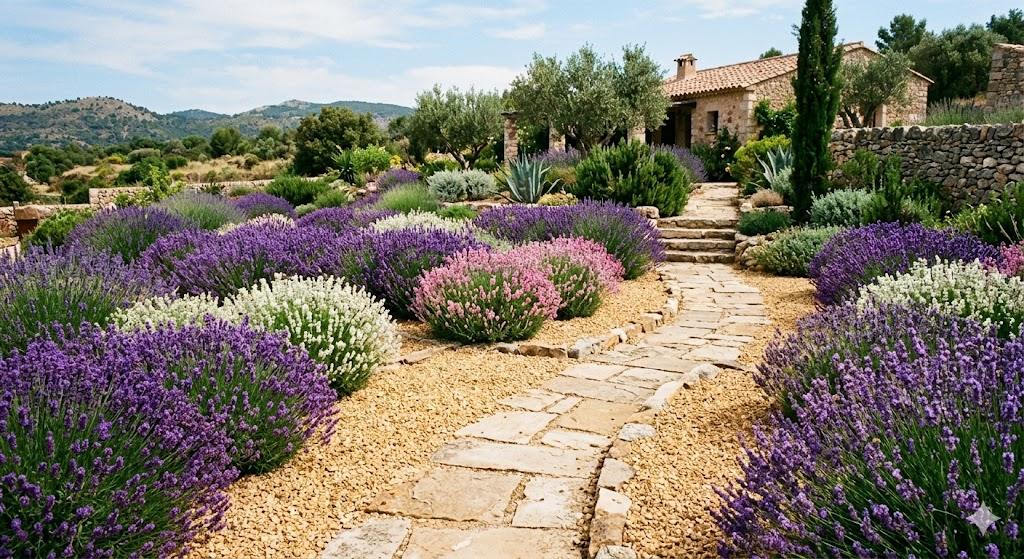A beautiful wide shot of various lavender varieties—purple, white, and pink—growing in a Mediterranean-style garden with gravel mulch and stone paths.