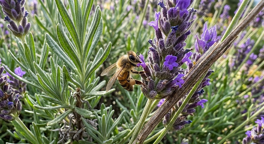 A macro shot of a 'Phenomenal' lavender bloom with a honeybee landing on it, showing the intricate texture of the purple calyx and silver-green leaves.