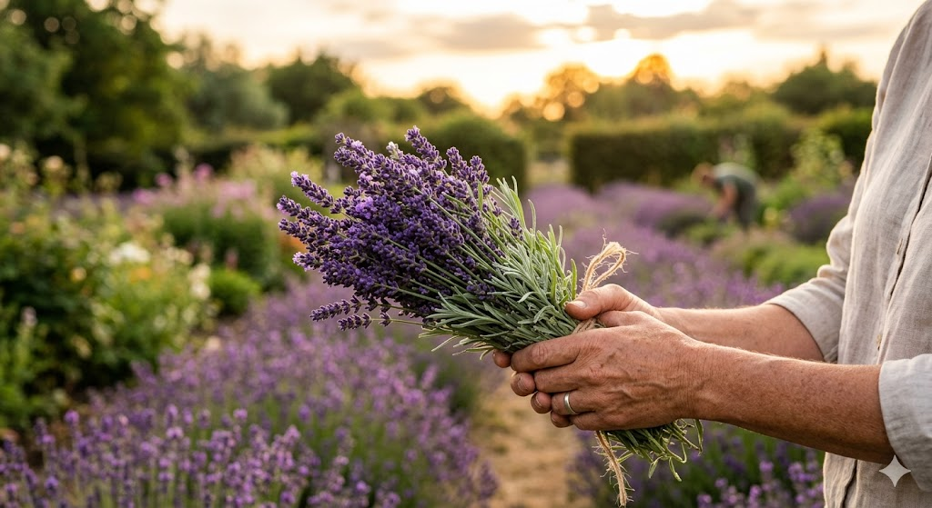 A high-resolution, close-up photo of a person's hands gently holding a bundle of freshly harvested English lavender (Lavandula angustifolia) outdoors. The sunlight is soft and golden (golden hour), highlighting the vibrant purple buds and silvery-green leaves. Natural, rustic garden background.