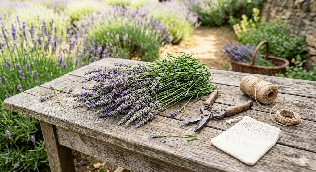A flat-lay photography style showing a wooden gardening bench. On the bench are sharp floral snips, a pile of freshly cut lavender spikes at the perfect harvest stage (only 20% bloomed), and some natural twine. The lighting is bright and airy.