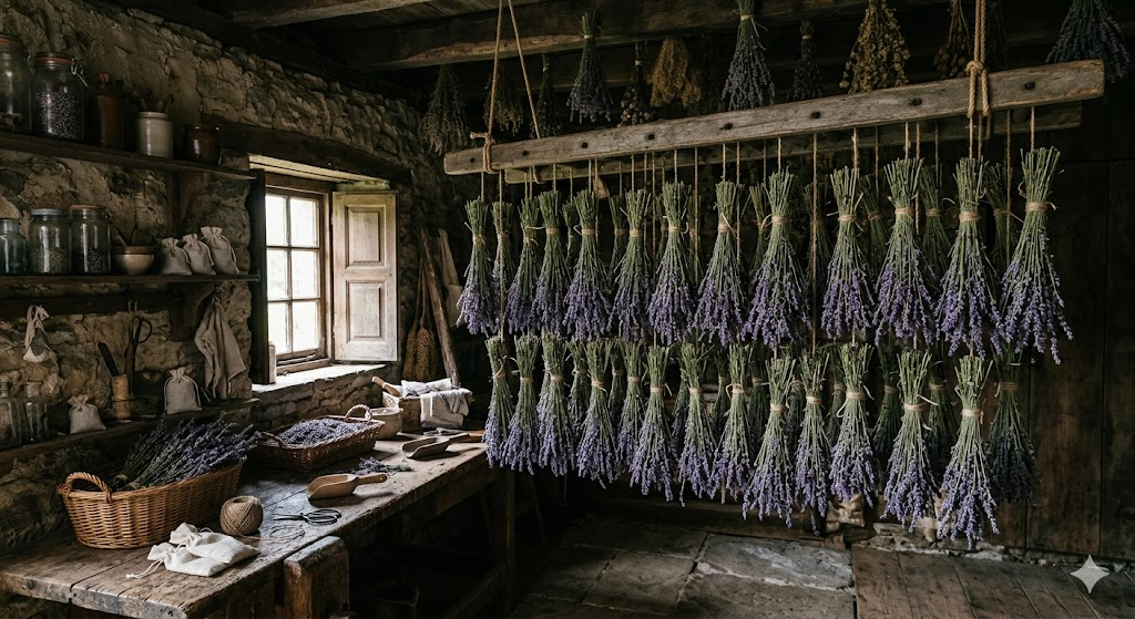 A moody, rustic indoor shot of dozens of lavender bundles hanging upside down from an old wooden ladder suspended from the ceiling. The room is dim, with light softly peeking through a shuttered window. The aesthetic is "cottagecore" and organized.