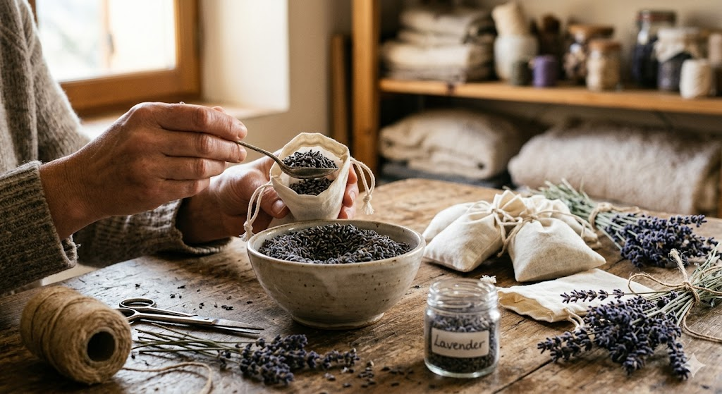 A close-up of a DIY workspace showing small linen drawstring bags being filled with dried lavender buds using a silver spoon. A few loose sprigs of lavender and a bowl of dried buds are scattered around the table.