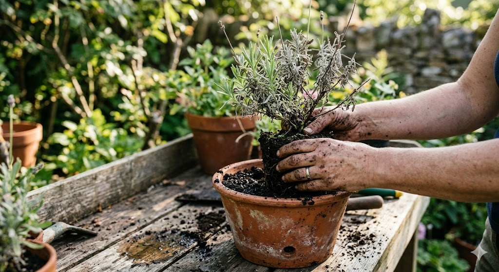 A close-up, high-resolution photo of a person’s hands gently lifting a struggling lavender plant out of a terracotta pot, showing damp, dark soil and a mix of green and grey foliage. Cinematic natural morning light.